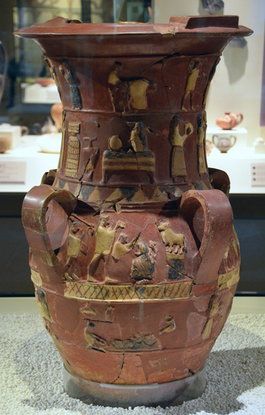 ≈BCE 1600 Kittim terracota vase relief: wedding musicians & dancers (İnandık, Turkey)